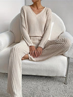 Women's Ribbed Lounge Set – V-Neck Knit Set