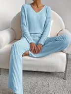Women's Ribbed Lounge Set – V-Neck Knit Set
