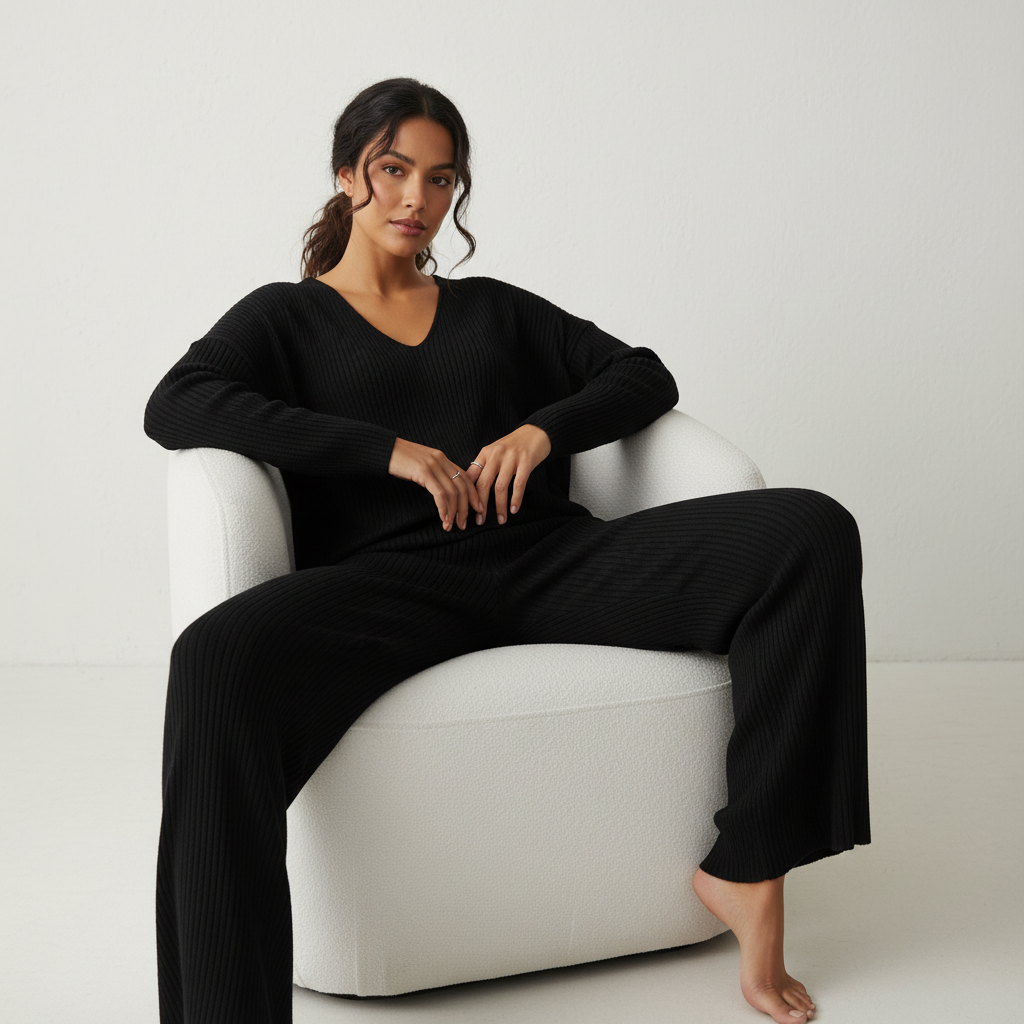 Women's Ribbed Lounge Set – V-Neck Knit Set