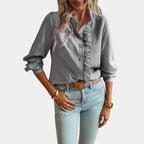 Women's Ruffle Stripe Blouse – Button Front Long Sleeve Shirt Blouse
