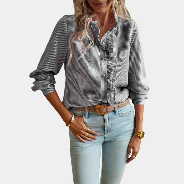 Women's Ruffle Stripe Blouse – Button Front Long Sleeve Shirt Blouse
