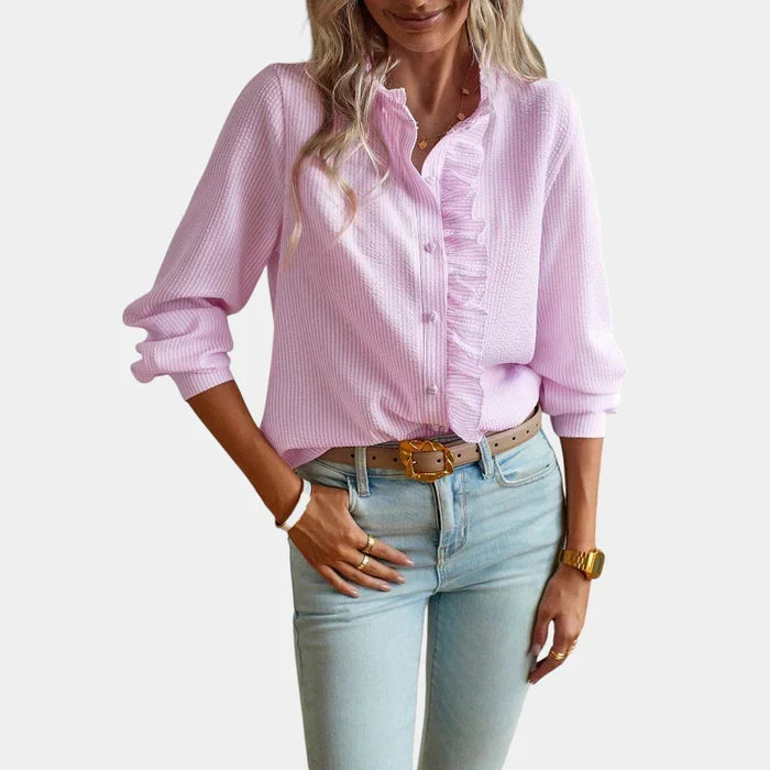 Women's Ruffle Stripe Blouse – Button Front Long Sleeve Shirt Blouse