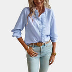 Women's Ruffle Stripe Blouse – Button Front Long Sleeve Shirt Blouse