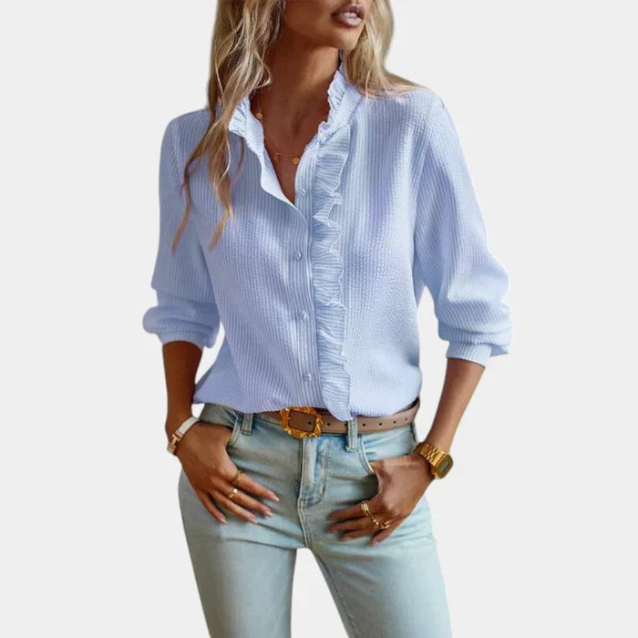Women's Ruffle Stripe Blouse – Button Front Long Sleeve Shirt Blouse