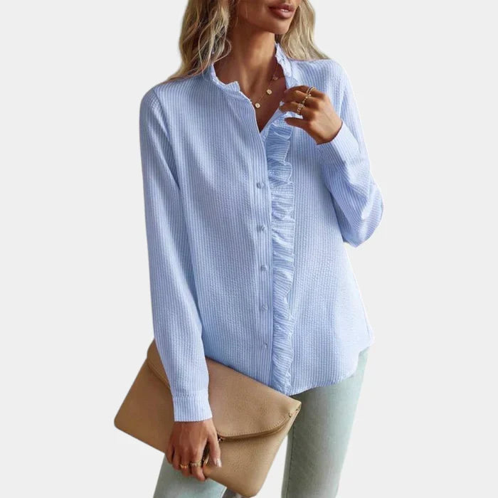 Women's Ruffle Stripe Blouse – Button Front Long Sleeve Shirt Blouse
