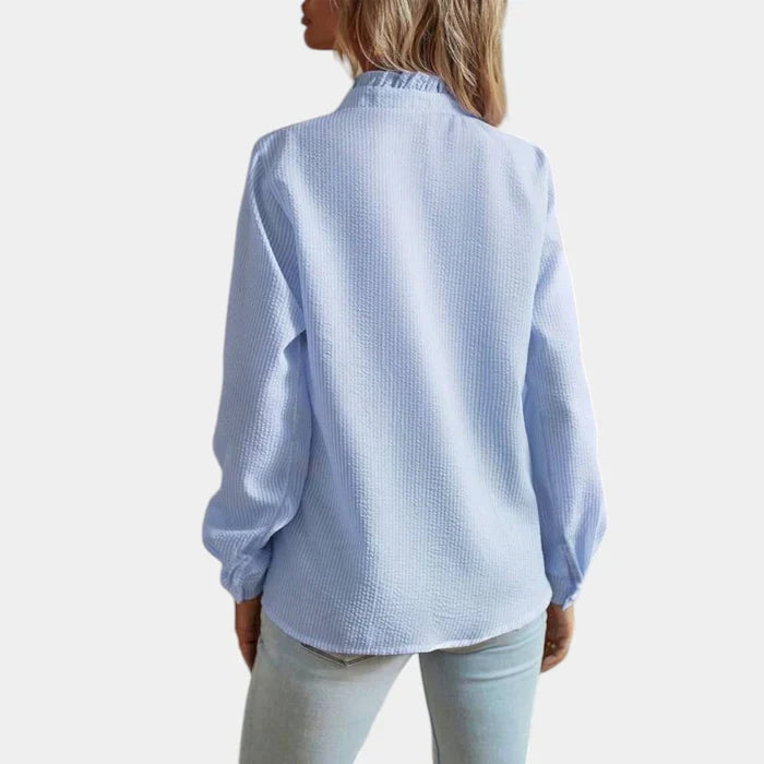 Women's Ruffle Stripe Blouse – Button Front Long Sleeve Shirt Blouse