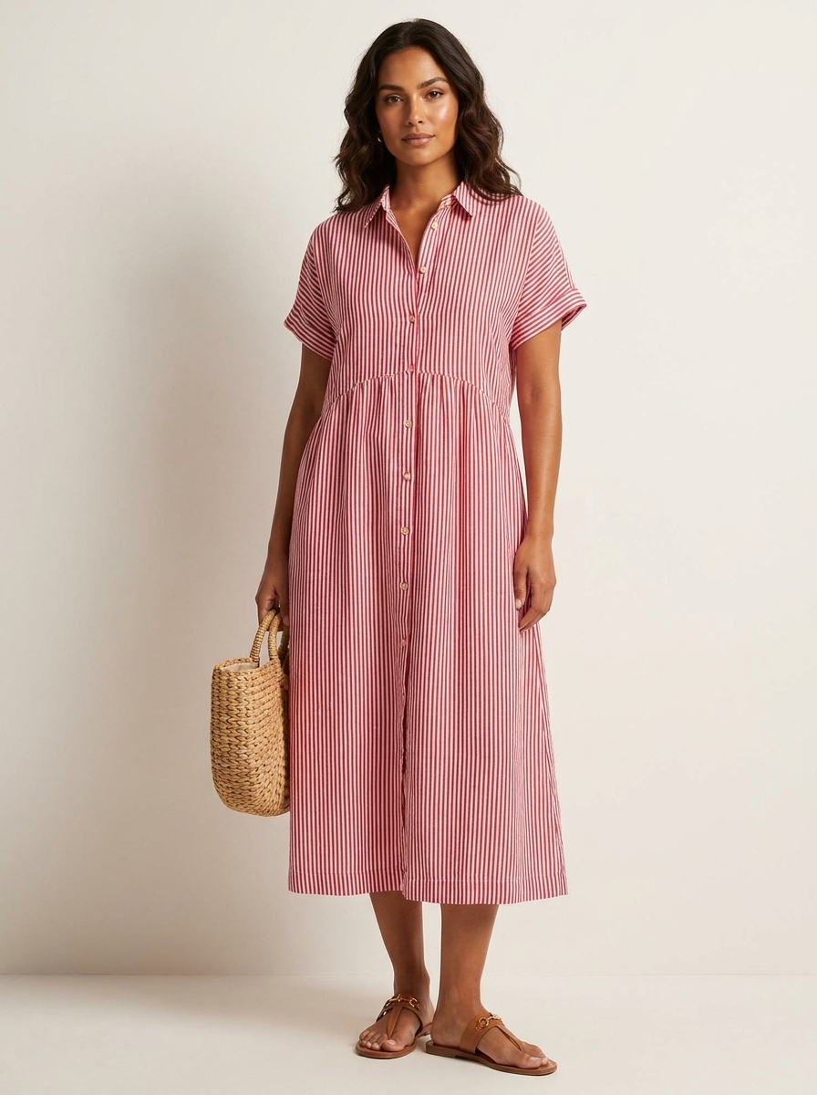 Women's Striped Shirt Dress – Button-Up Midi Dress