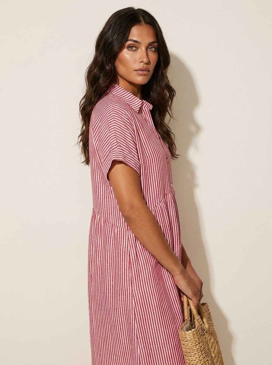 Women's Striped Shirt Dress – Button-Up Midi Dress