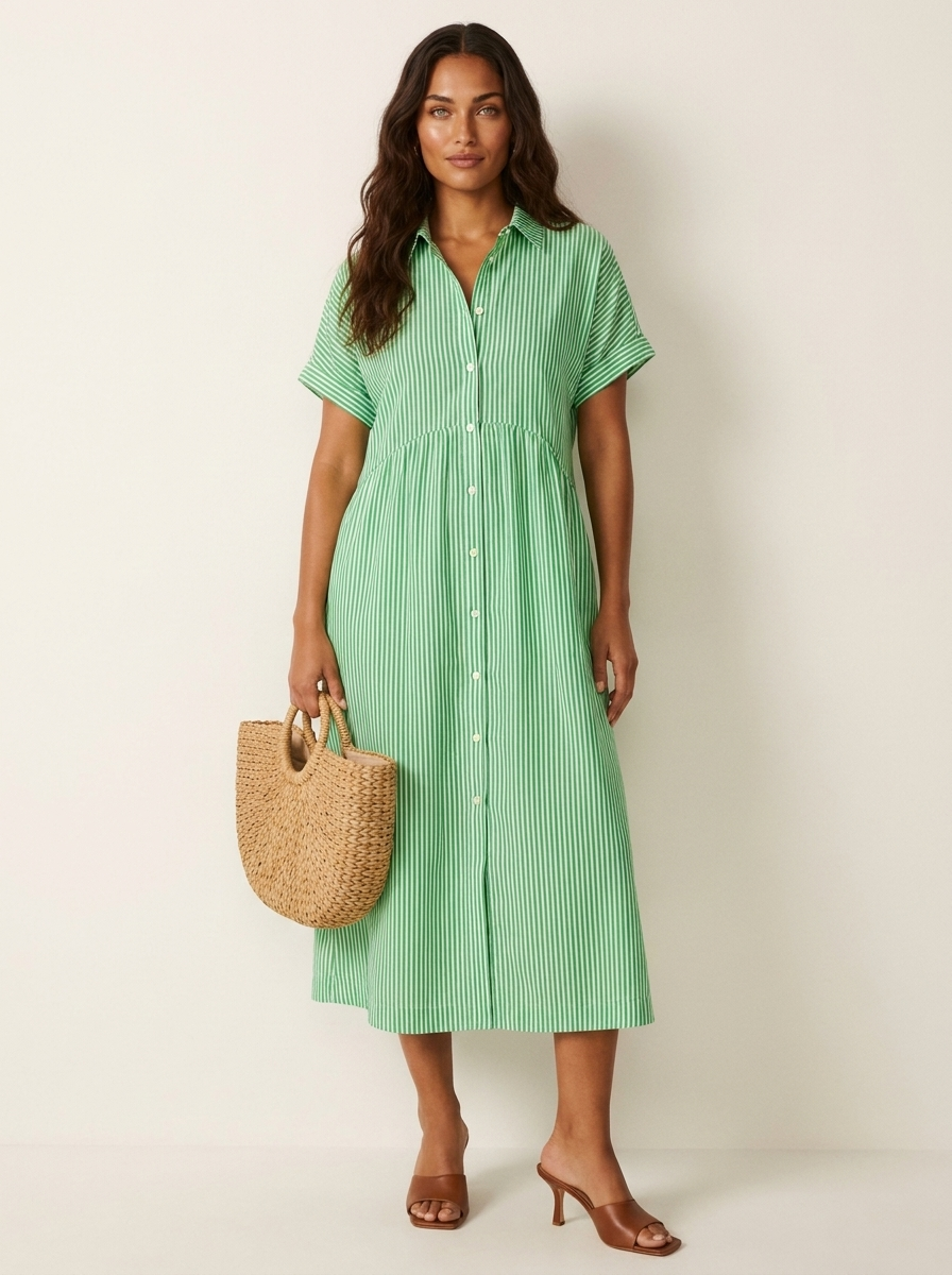 Women's Striped Shirt Dress – Button-Up Midi Dress