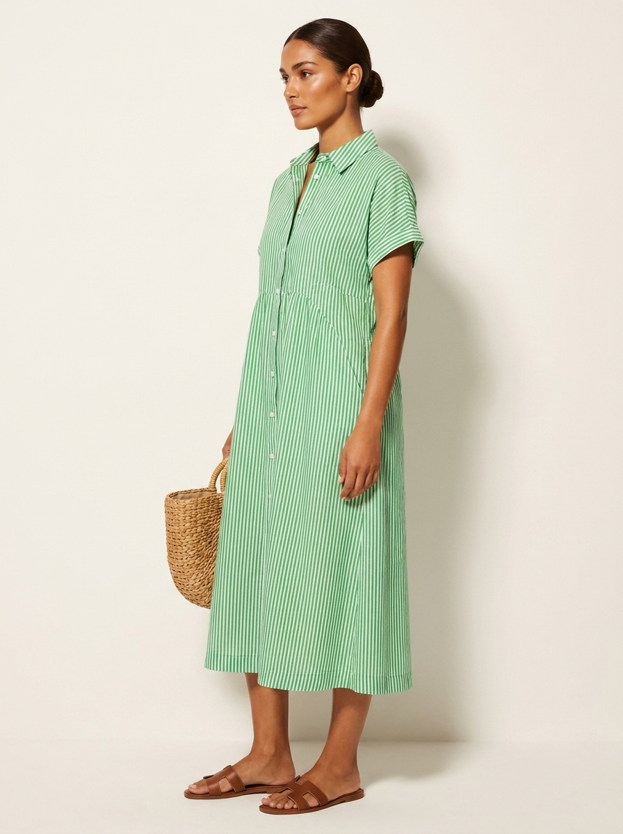 Women's Striped Shirt Dress – Button-Up Midi Dress