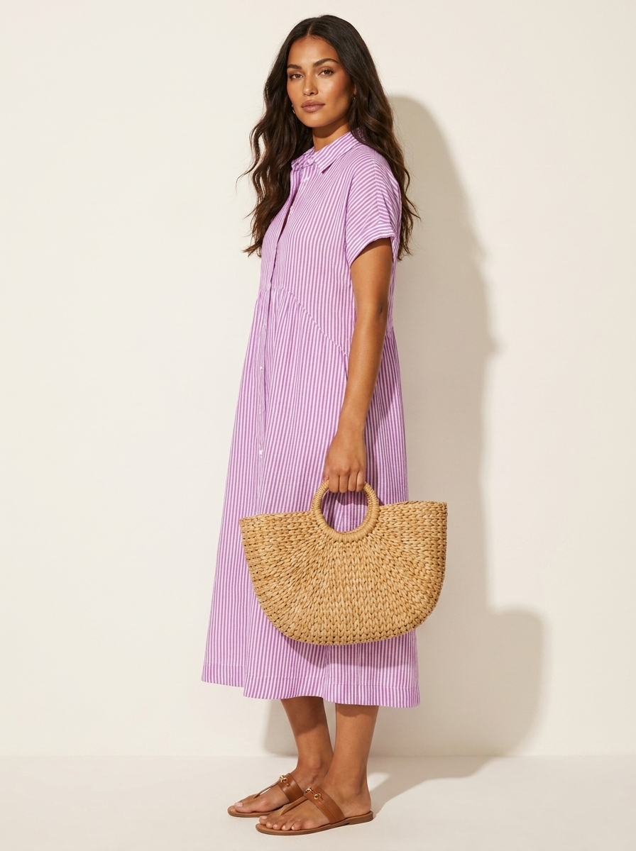 Women's Striped Shirt Dress – Button-Up Midi Dress