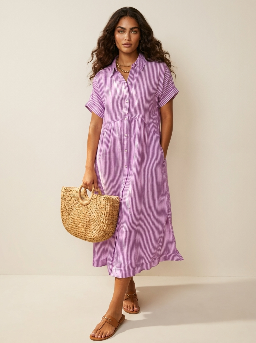 Women's Striped Shirt Dress – Button-Up Midi Dress