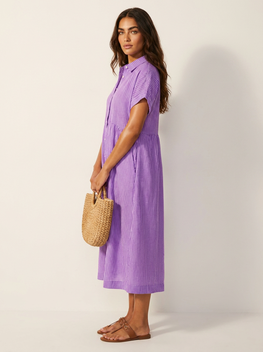 Women's Striped Shirt Dress – Button-Up Midi Dress