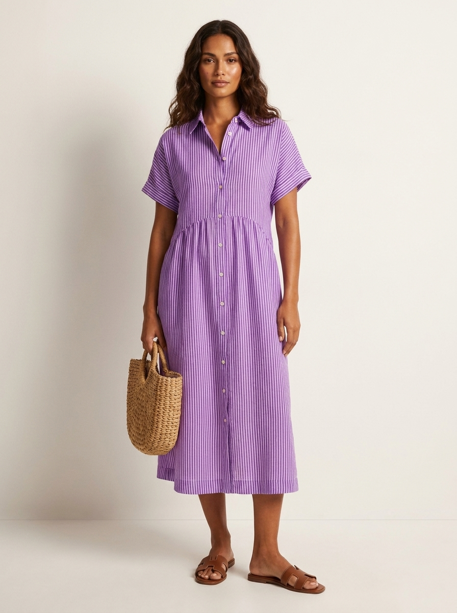 Women's Striped Shirt Dress – Button-Up Midi Dress