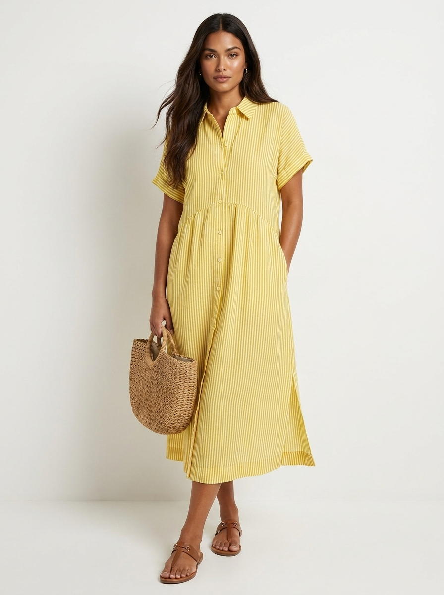 Women's Striped Shirt Dress – Button-Up Midi Dress