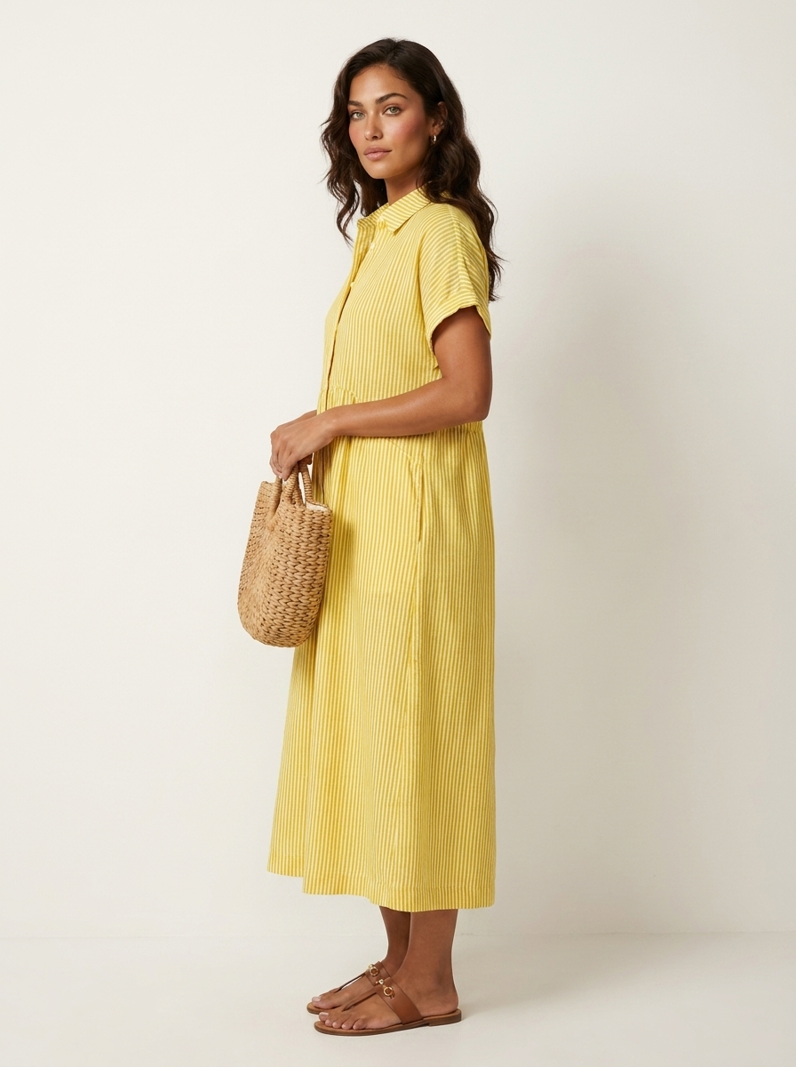 Women's Striped Shirt Dress – Button-Up Midi Dress