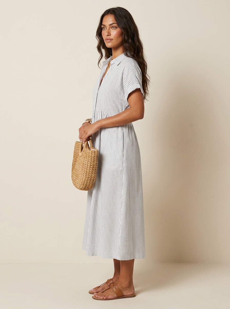 Women's Striped Shirt Dress – Button-Up Midi Dress