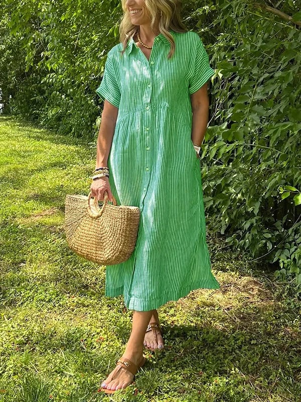 Women's Striped Shirt Dress – Button-Up Midi Dress