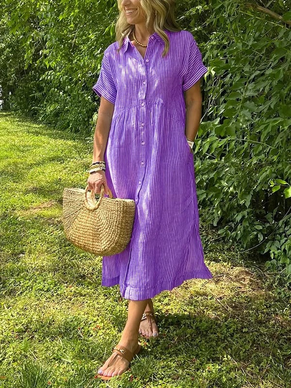 Women's Striped Shirt Dress – Button-Up Midi Dress