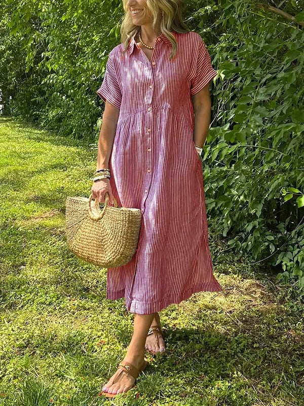 Women's Striped Shirt Dress – Button-Up Midi Dress