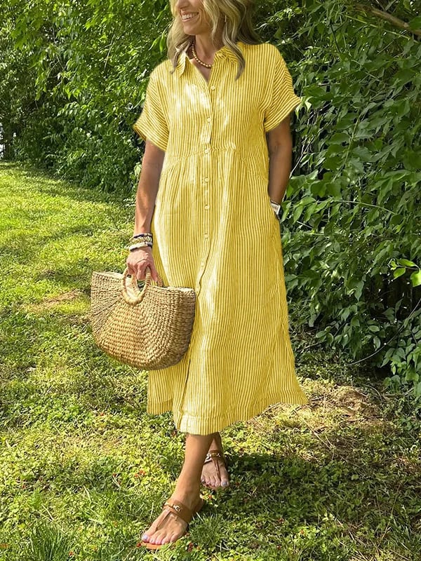 Women's Striped Shirt Dress – Button-Up Midi Dress