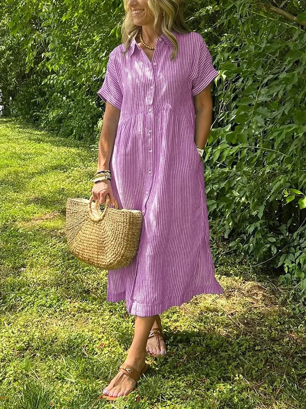 Women's Striped Shirt Dress – Button-Up Midi Dress