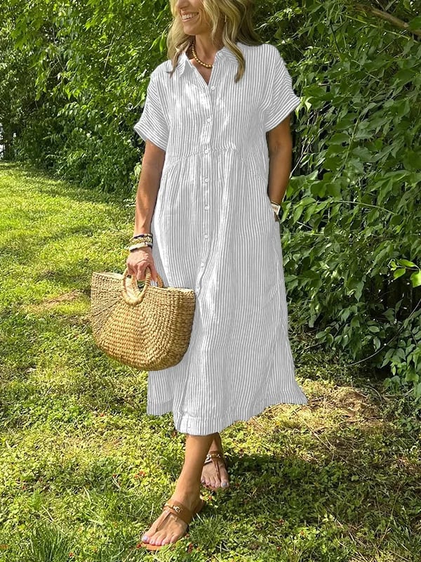 Women's Striped Shirt Dress – Button-Up Midi Dress