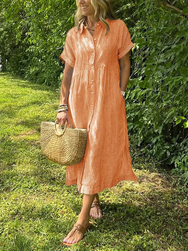 Women's Striped Shirt Dress – Button-Up Midi Dress