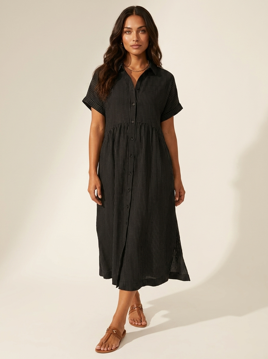 Women's Striped Shirt Dress – Button-Up Midi Dress