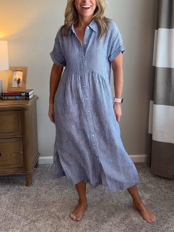 Women's Striped Shirt Dress – Button-Up Midi Dress