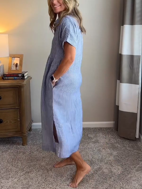 Women's Striped Shirt Dress – Button-Up Midi Dress