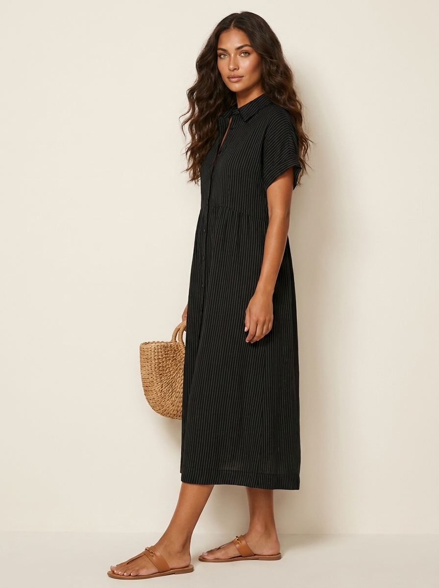 Women's Striped Shirt Dress – Button-Up Midi Dress