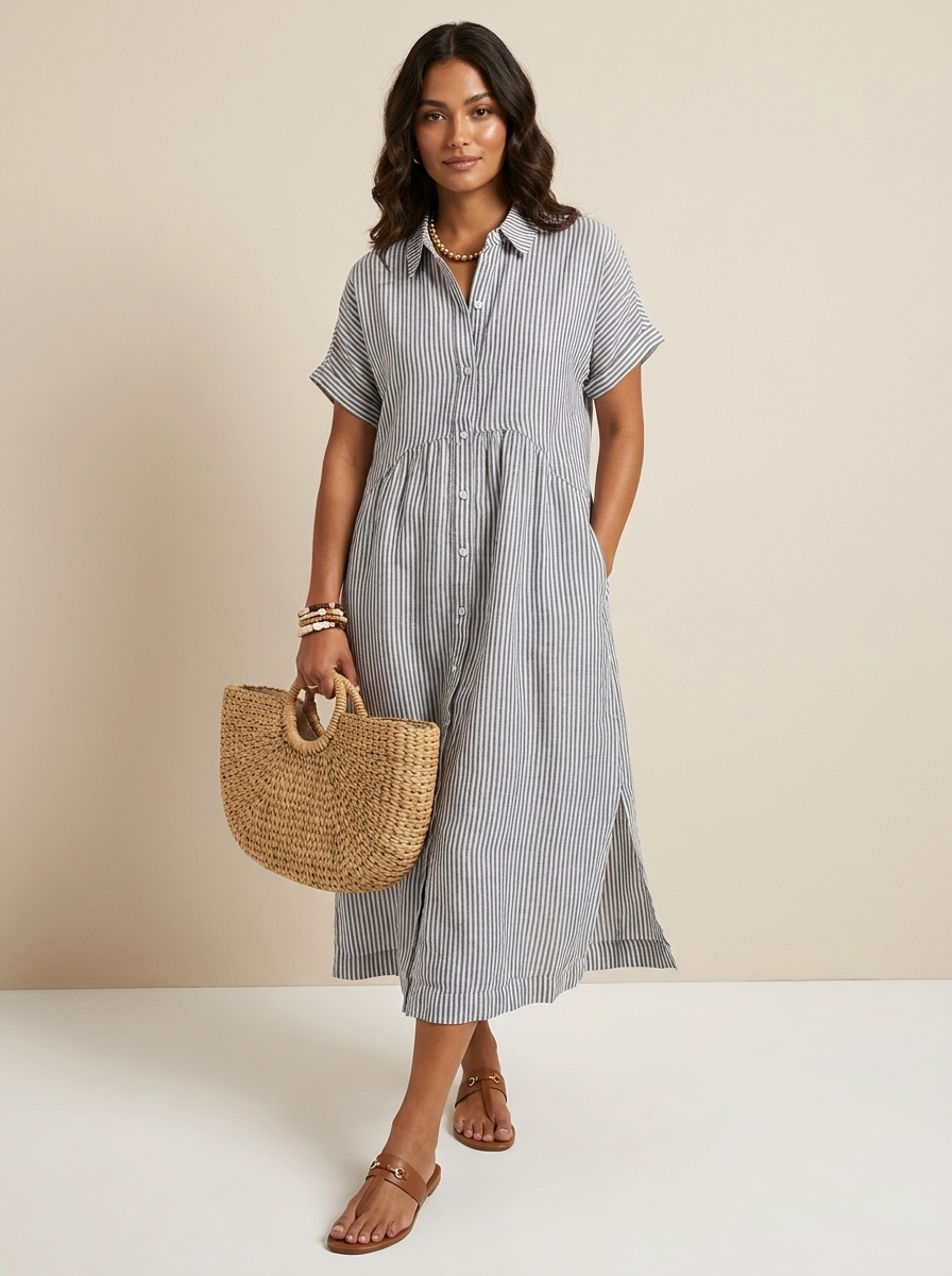 Women's Striped Shirt Dress – Button-Up Midi Dress