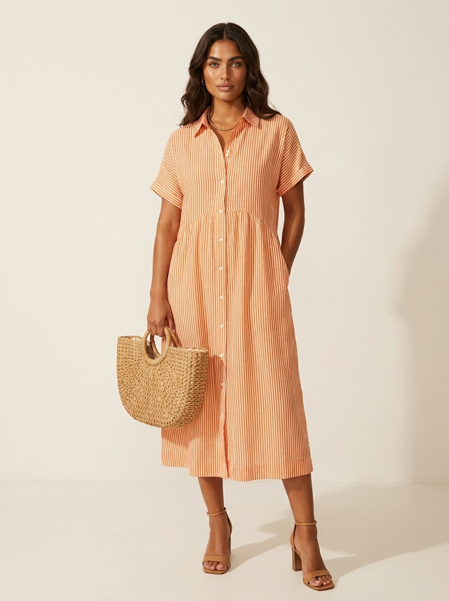 Women's Striped Shirt Dress – Button-Up Midi Dress