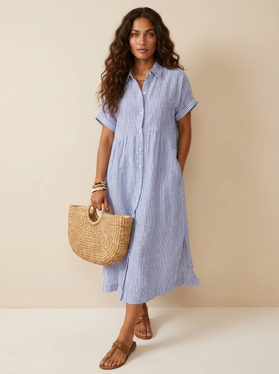 Women's Striped Shirt Dress – Button-Up Midi Dress