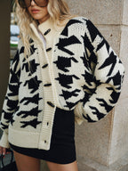 Women's Herringbone Knit Cardigan – Textured V-Neck Button Front Cardigan