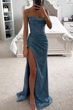 Women's Sequin Evening Maxi Gown – Spaghetti Strap High Slit Dress