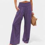 Women's High Waist Pleated Pants – Elastic Waist Wide Leg Trousers
