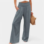 Women's High Waist Pleated Pants – Elastic Waist Wide Leg Trousers