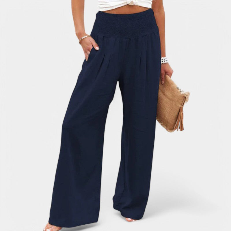 Women's High Waist Pleated Pants – Elastic Waist Wide Leg Trousers