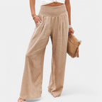 Women's High Waist Pleated Pants – Elastic Waist Wide Leg Trousers