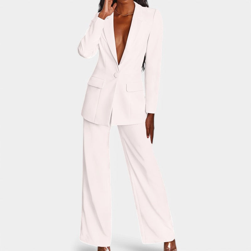 Women's Tailored Blazer Set – Single Button Blazer Wide Leg Pants Set