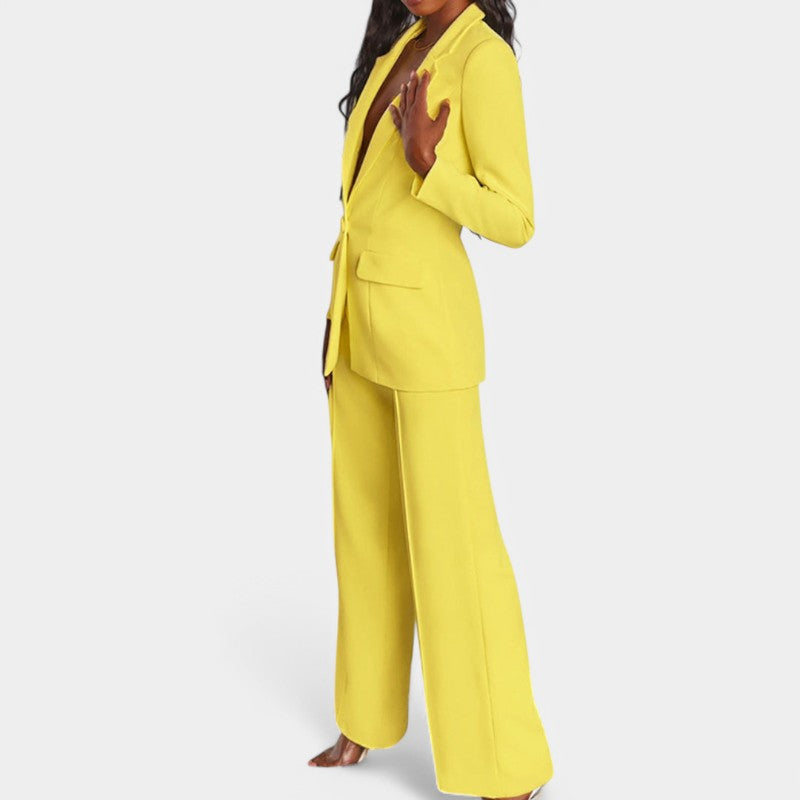 Women's Tailored Blazer Set – Single Button Blazer Wide Leg Pants Set