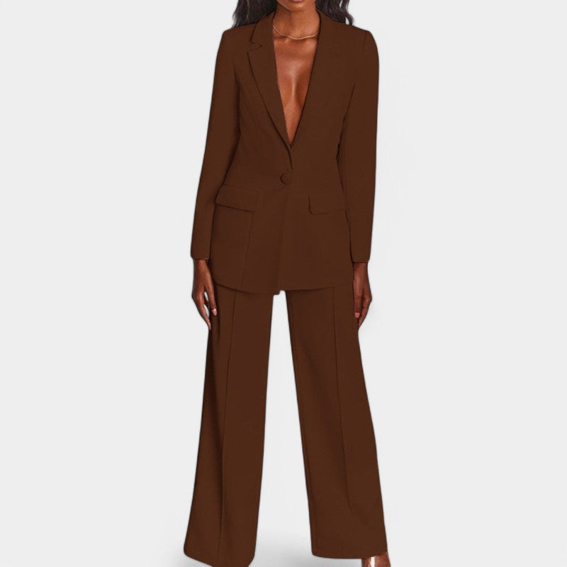 Women's Tailored Blazer Set – Single Button Blazer Wide Leg Pants Set