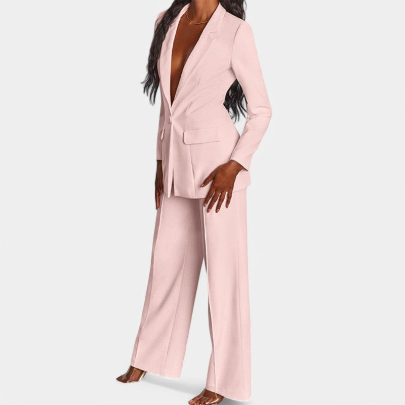 Women's Tailored Blazer Set – Single Button Blazer Wide Leg Pants Set