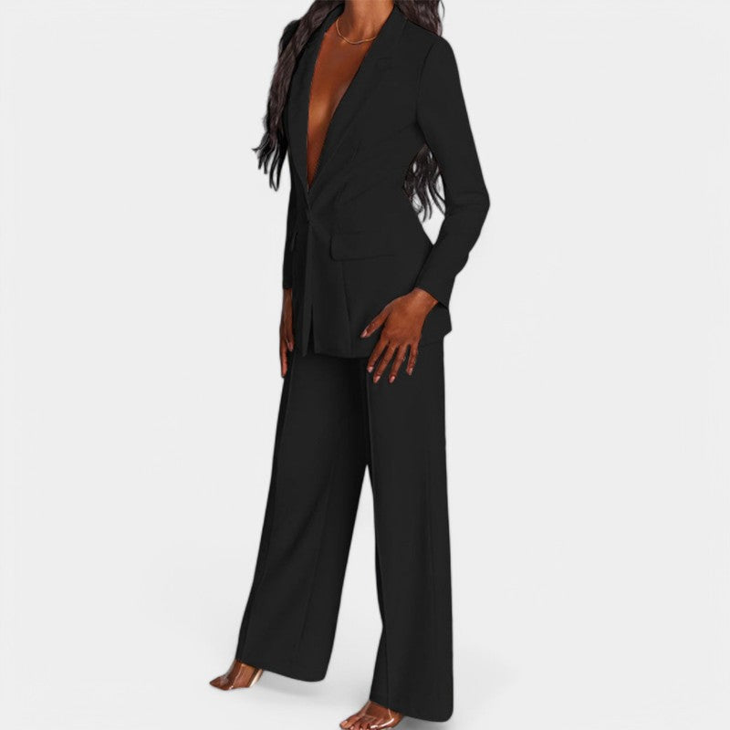 Women's Tailored Blazer Set – Single Button Blazer Wide Leg Pants Set