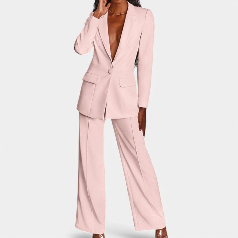 Women's Tailored Blazer Set – Single Button Blazer Wide Leg Pants Set