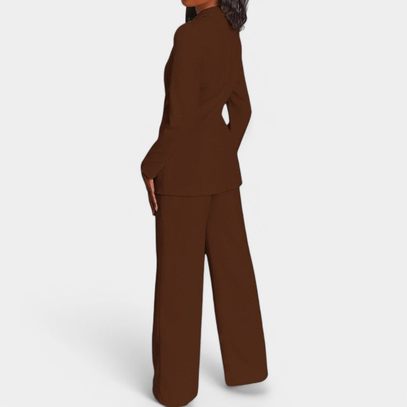 Women's Tailored Blazer Set – Single Button Blazer Wide Leg Pants Set