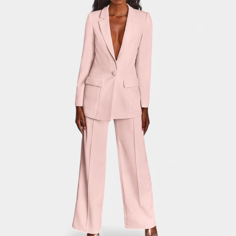 Women's Tailored Blazer Set – Single Button Blazer Wide Leg Pants Set