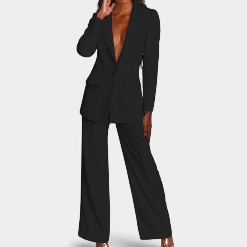 Women's Tailored Blazer Set – Single Button Blazer Wide Leg Pants Set